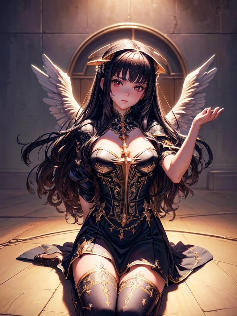 ((best quality)),(Ultra-high resolution),(Super detailed),(Detailed description),((Best CG))(Fantasy art with precise details:1.5), Black Hair，European classical long dress，(1 Female Angel:1.6),Angel Wings，side，Injuried，Blood，Half kneeling，Serious expression，get shot，Being chopped