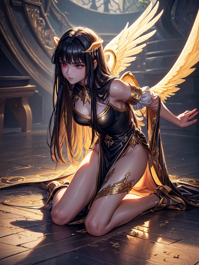 ((best quality)),(Ultra-high resolution),(Super detailed),(Detailed description),((Best CG))(Fantasy art with precise details:1.5), Black Hair，European classical long dress，(1 Female Angel:1.6),Angel Wings，side，Injuried，Blood，Half kneeling，Serious expression，get shot，Being chopped