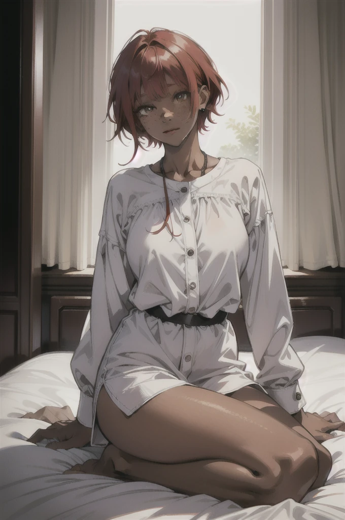 (absurdres, highres, ultra detailed), 1 girl, 20-year-old woman, black skin, plump lips, short woman, cute and delicate. Red hair, freckles on her face, her breasts are small, completely innocent face, full body, she is inside a gamer room and sitting on the bed, she is wearing a large white blouse and no pants on. Laptop visible on the bed.