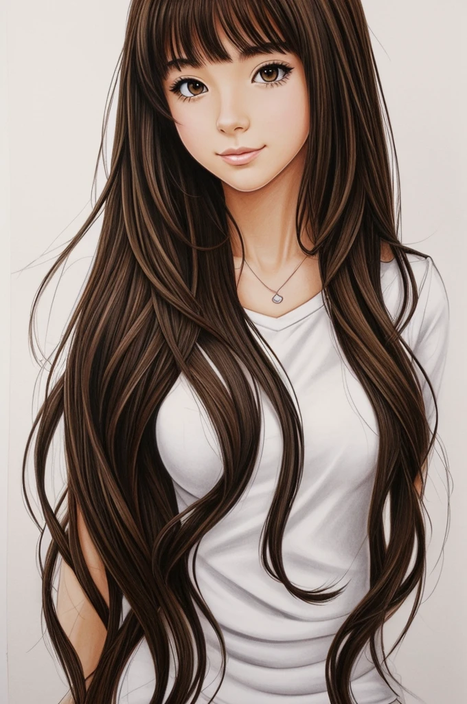 draw a drawing of me, I am light brunette I am LATINA I have dark brown hair and I have long hair that is anime drawing 