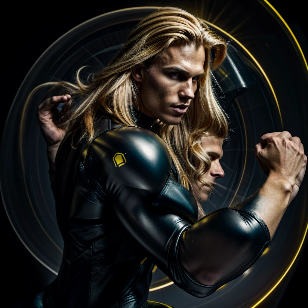 A muscled young beauty man wearing dark gray latex with brilliant yellow hologram ancient unknown characters projected by the suit on the air around him. He has a very long blonde and golden hair. Ultrarealistic Art in 4k. He IS running on a speed light and left behind him E=MC2 and 299 792 458 floating on the air.