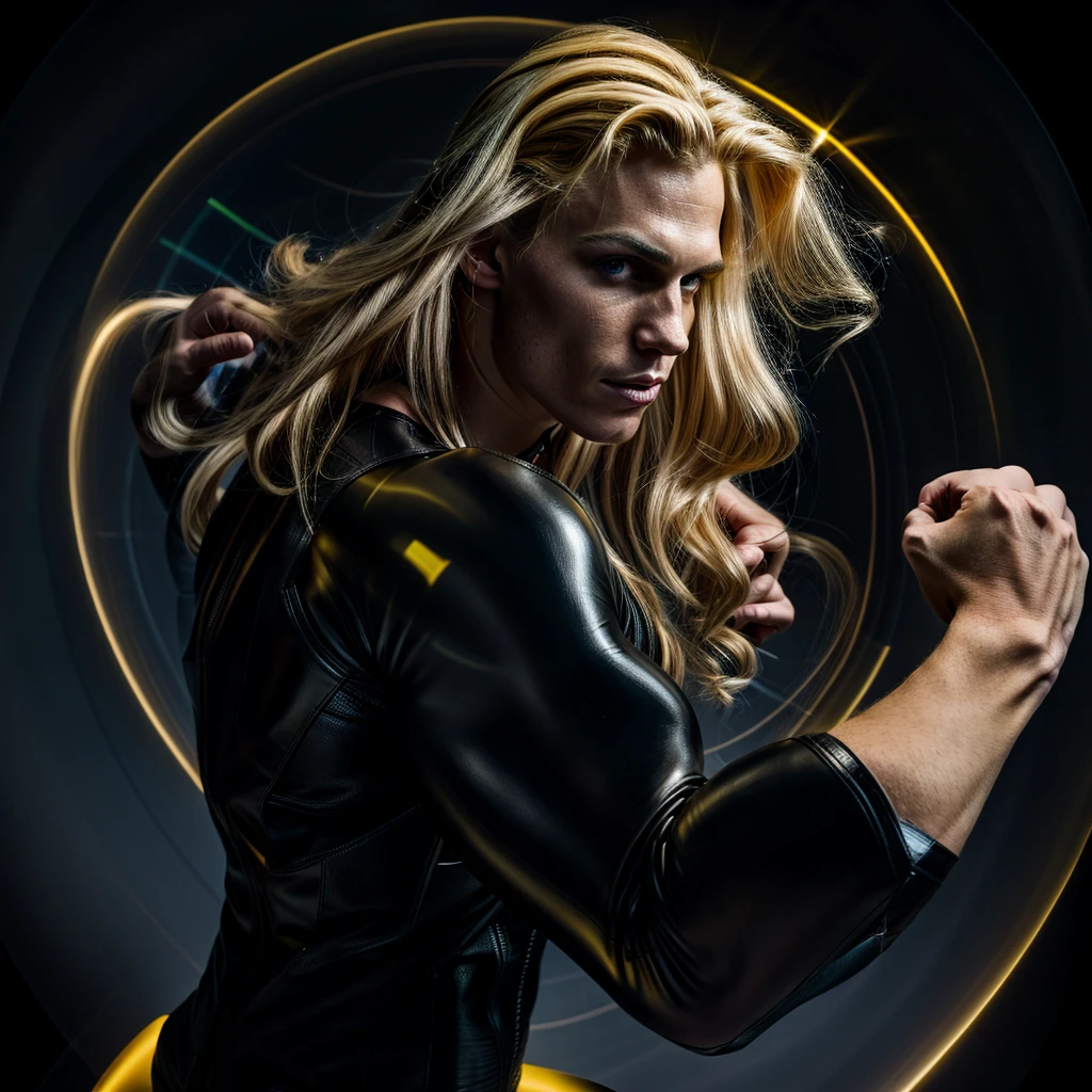 A muscled young beauty man wearing dark gray latex with brilliant yellow hologram ancient unknown characters projected by the suit on the air around him. He has a very long blonde and golden hair. Ultrarealistic Art in 4k. He IS running on a speed light and left behind him E=MC2 and 299 792 458 floating on the air.