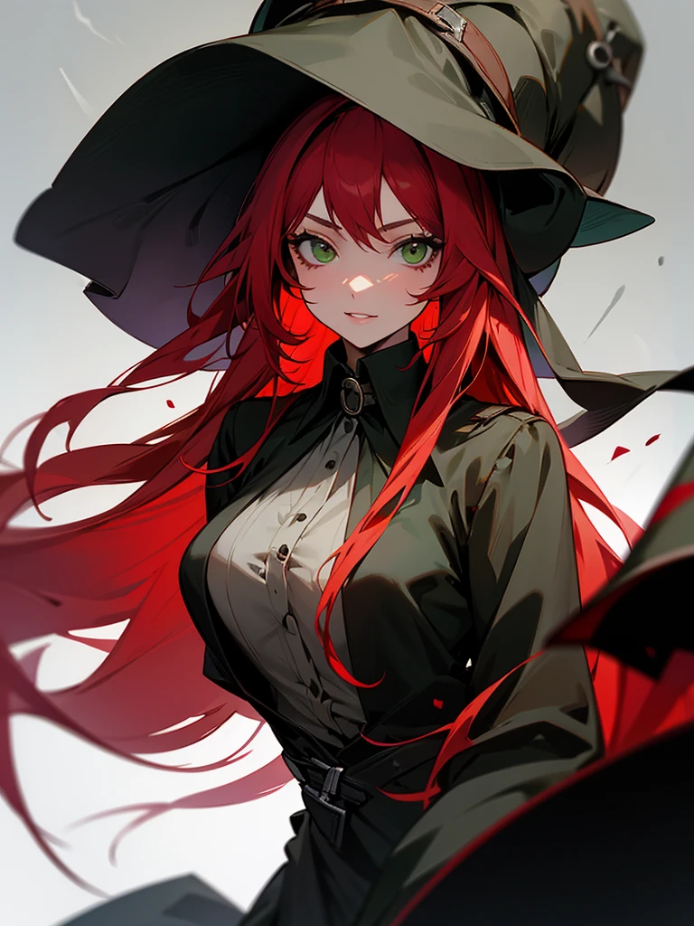 A young woman with long red hair and green eyes. She was wearing a plague doctor's outfit but no mask.