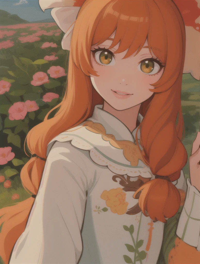 very detailed illustration, 1girl, absurdres, highres, (illustration)), absurdres, highres, high quality, masterpiece, ultra-detailed,detailed eyes, full lips, looking at viewer, beauty, nature, mystery, harmony, feminine, Impressionism,  natural light and color,Gwendolyn Tennyson,orange hair, green eyes,long sleeves, smile