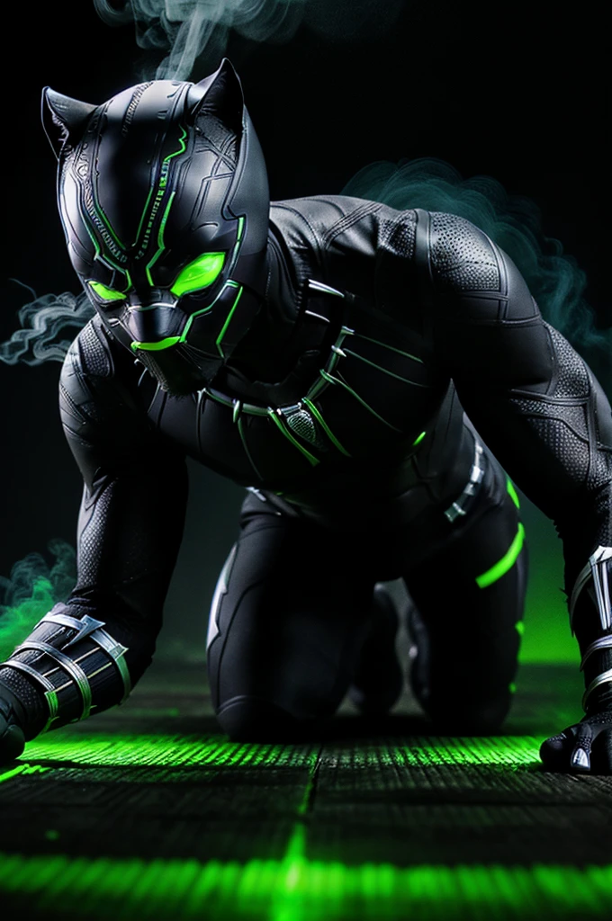 Black panther crawling generate with neon green background andsmoke and glow effect 