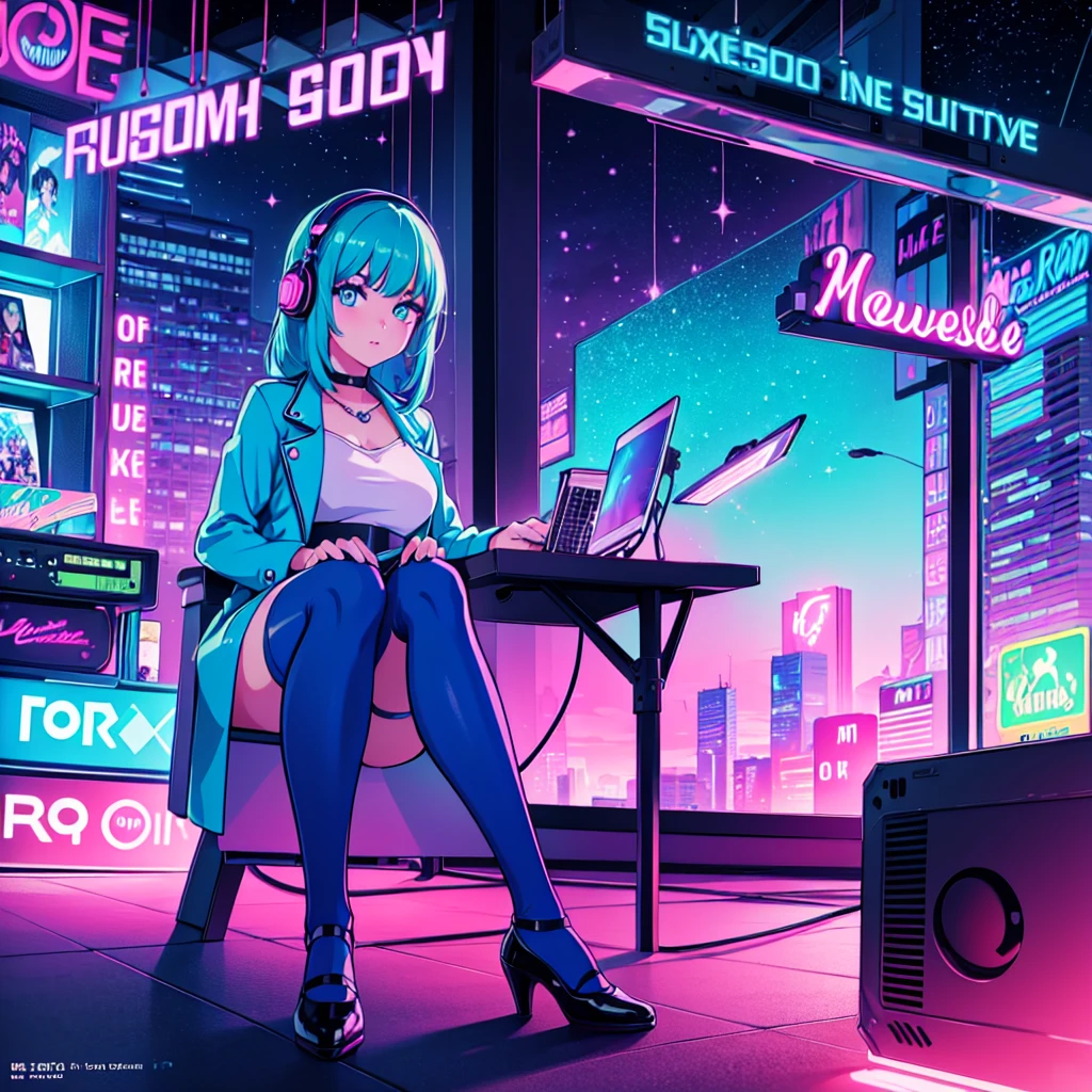 (masterpiece), Highest quality, Expressive eyes, Neon pastel aesthetics, Retro 90s, Neon color,((Girl sitting on sofa,In a cozy room,Records hanging on her wall, Comic books on the floor, Looking out the window behind her at the night city, Upholstered room, Anime figures lined up on a shelf)), Wearing headphones, (All around her it sparkles), (Wearing high socks and heels), (blue eyes), (Soft look), (Synthwave Art Style), Colorful Hair, Desk with PC set up