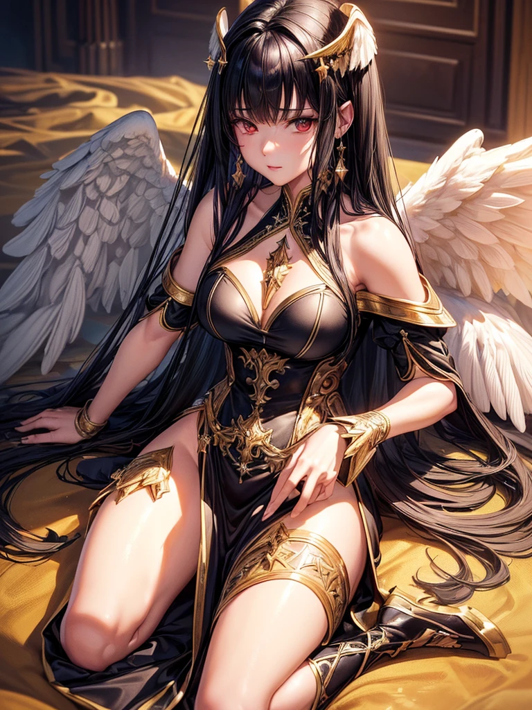 ((best quality)),(Ultra-high resolution),(Super detailed),(Detailed description),((Best CG))(Fantasy art with precise details:1.5), Black Hair,European classical long dress,(1 Female Angel:1.6),Angel Wings,side,Injuried,Blood,Half kneeling,Serious expression,get shot,Being chopped