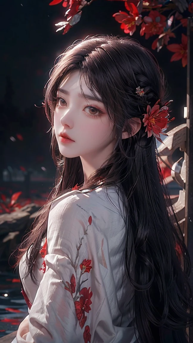 1girl,solo,1girl,solo,((beautiful detailed eyes)), (detailed light),depth of field,(white hair),silver eyes,hair over one eye,(red flower ), hair flower,long hair,black cloak,wet,emotionless,looking back,night,starfall,raining,fog,red flowers falling,sketch,upper body,intense shadows,