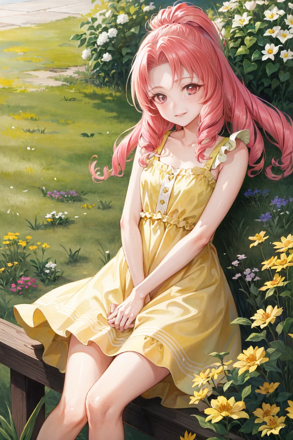 masterpiece, best quality, absurdres, perfect antomy, 1girl, solo, Akagi Towa, long hair, pink hair, parted bangs, lying, on back, outdoors, garden, flowers, sundress, yellow dress, smile