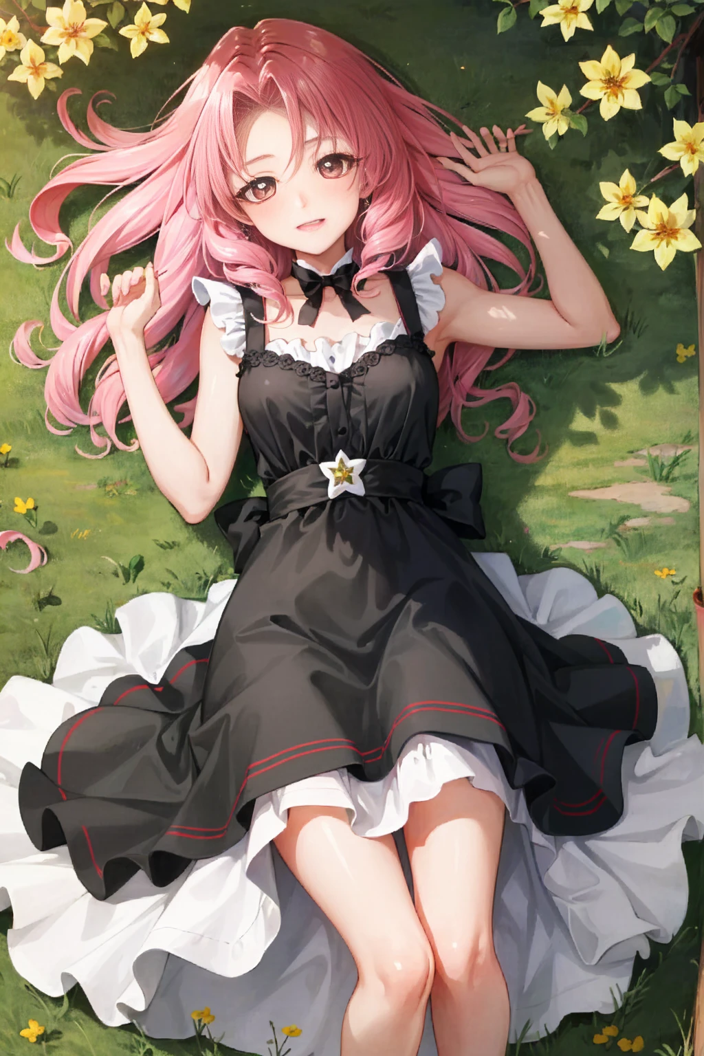 masterpiece, best quality, absurdres, perfect antomy, 1girl, solo, Akagi Towa, long hair, pink hair, parted bangs, lying, on back, outdoors, garden, flowers, sundress, yellow dress, smile