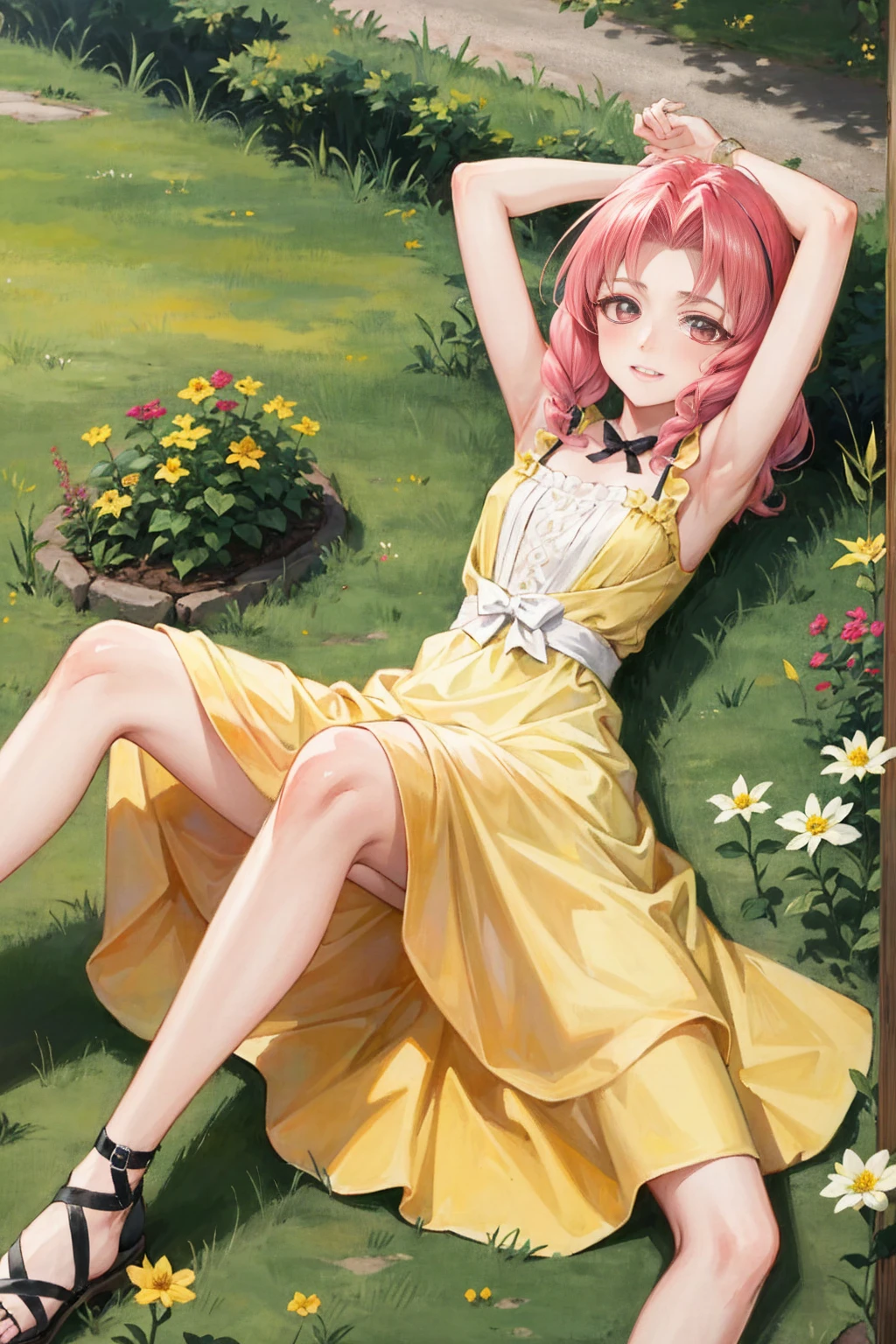 masterpiece, best quality, absurdres, perfect antomy, 1girl, solo, Akagi Towa, long hair, pink hair, parted bangs, lying, on back, outdoors, garden, flowers, sundress, yellow dress, smile