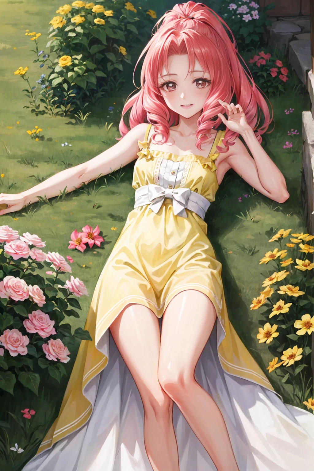 masterpiece, best quality, absurdres, perfect antomy, 1girl, solo, Akagi Towa, long hair, pink hair, parted bangs, lying, on back, outdoors, garden, flowers, sundress, yellow dress, smile