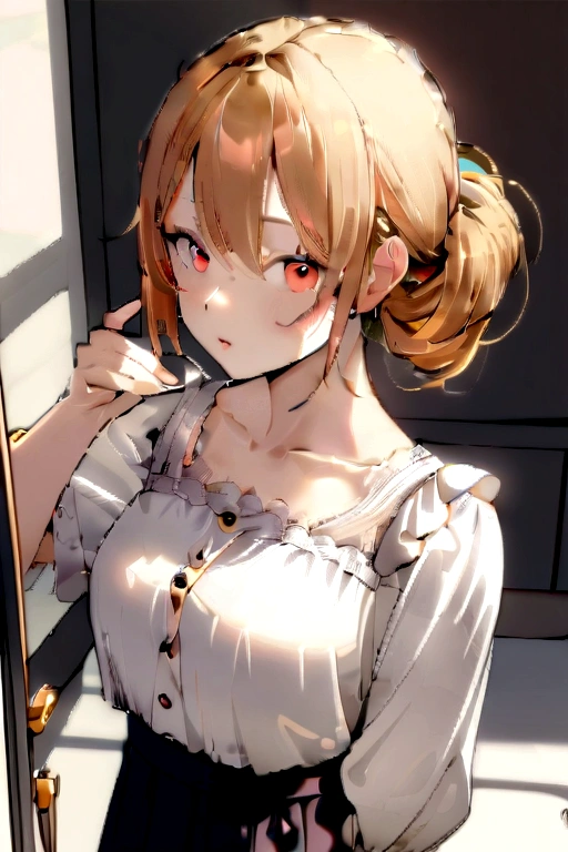 (((1girl))), ((((solo)))), ((messy hairstyle)), standing taking a picture, (((Reddish-yellow hair)), red eyes, soft blouse