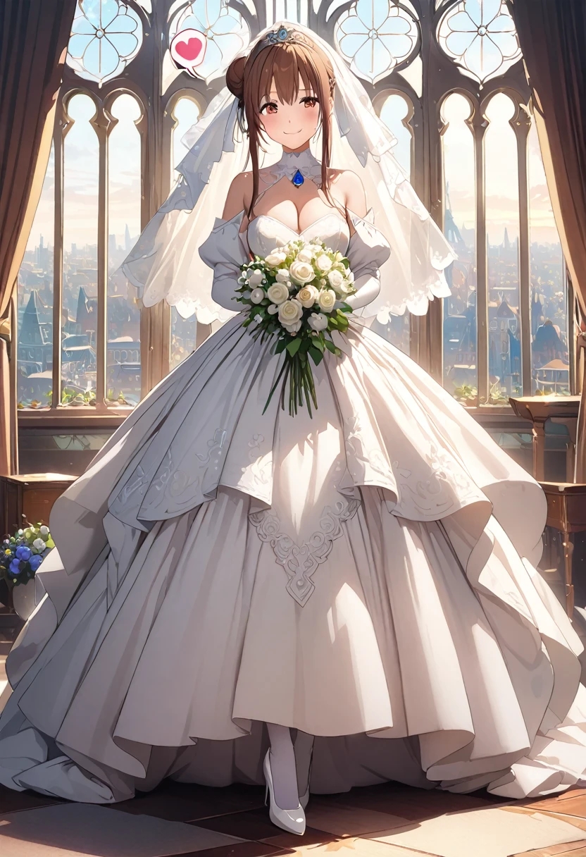 Highest quality、Super detailed、High resolution illustrations、Ultra-high-definition CG、８k size wallpaper、Production Art、Light novel illustrations、（１People Girls)、asuna yuuki, hair bun bridal、bangs, brown hair, brown eyes, bare shoulders, detached sleeves, white dress, Crimson Lipstick、A smile full of happiness、tears、Wink、wiping tears、Puff sleeves、hair bun、Bridal Veil、tiara、Cleavage cutouts、Red brooch、Wedding dress、White Dress、White Gloves、Long skirt、White Stockings、White stiletto heels、Holding a bouquet in both hands、Full Body、hyperrealistic、(((spoken heart:1.5)))、