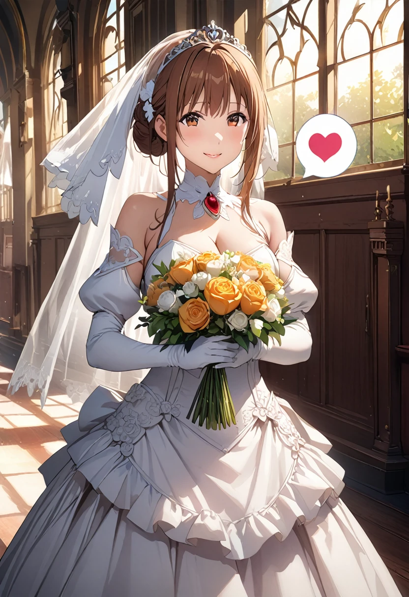Highest quality、Super detailed、High resolution illustrations、Ultra-high-definition CG、8k size wallpaper、Production Art、Light novel illustrations、(1People Girls)、asuna yuuki, hair bun bridal、bangs, brown hair, brown eyes, bare shoulders, detached sleeves, white dress, Crimson Lipstick、A smile full of happiness、tears、Wink、wiping tears、Puff sleeves、hair bun、Bridal Veil、tiara、Cleavage cutouts、Red brooch、Wedding dress、White Dress、White Gloves、Long skirt、White Stockings、White stiletto heels、Holding a bouquet in both hands、Full Body、hyperrealistic、(((spoken heart:1.5)))、