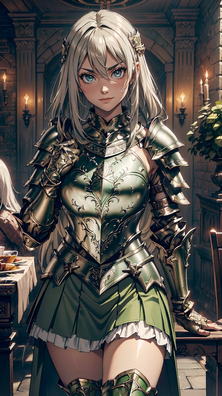 最high quality、Ultra High Definition, Ultra High Quality, Hyper Definition, Hyper Quality, Hyper Detailed, Extremely Detailed, Perfectly Detailed, Best image quality、masterpiece、woman((20-year-old、super dynamic pose , legs bent at the knees, Green solid eyes, Silver long Hair、Disheveled Hair、Long White Hair、thin,  Glove、Green Skirt, Noble Armor, Smirk、Detailed Cuirass , Dressed in Full Coverage Noble Plate Armor)),high quality、Beautiful art、background((Inside the mansion))、Written boundary depth、  movie、Visual Arts、Perfect art、8K,Genuine、