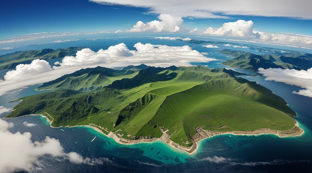 Create images of floating landmasses with different terrains. Use layering techniques to make land appear suspended in the sky.