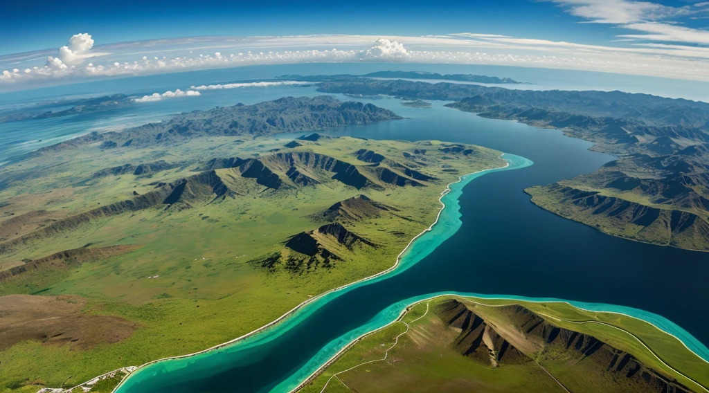 Create images of floating landmasses with different terrains. Use layering techniques to make land appear suspended in the sky.