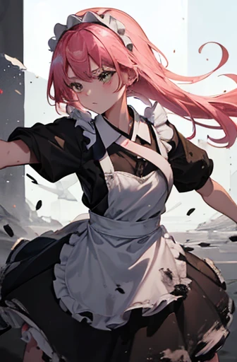 (((Highest quality)))(((High resolution)))((detailed))((Attention to detail))cute, Pink Hair, (black and white maid outfit,White apron, Headband), (Fighting with a large sword in hand), Holding a sword, Burning Battlefield, A strong enemy in front of me, His clothes are slightly torn after being attacked., The clothes are dirty, ((Clothes are dirty with soot and mud:1.4))((服がTatteredquality:1.4)), fierce fighting, Tattered, Covered in mud, Covered in soot, sparks, Fighting desperately, (全身Tattered),