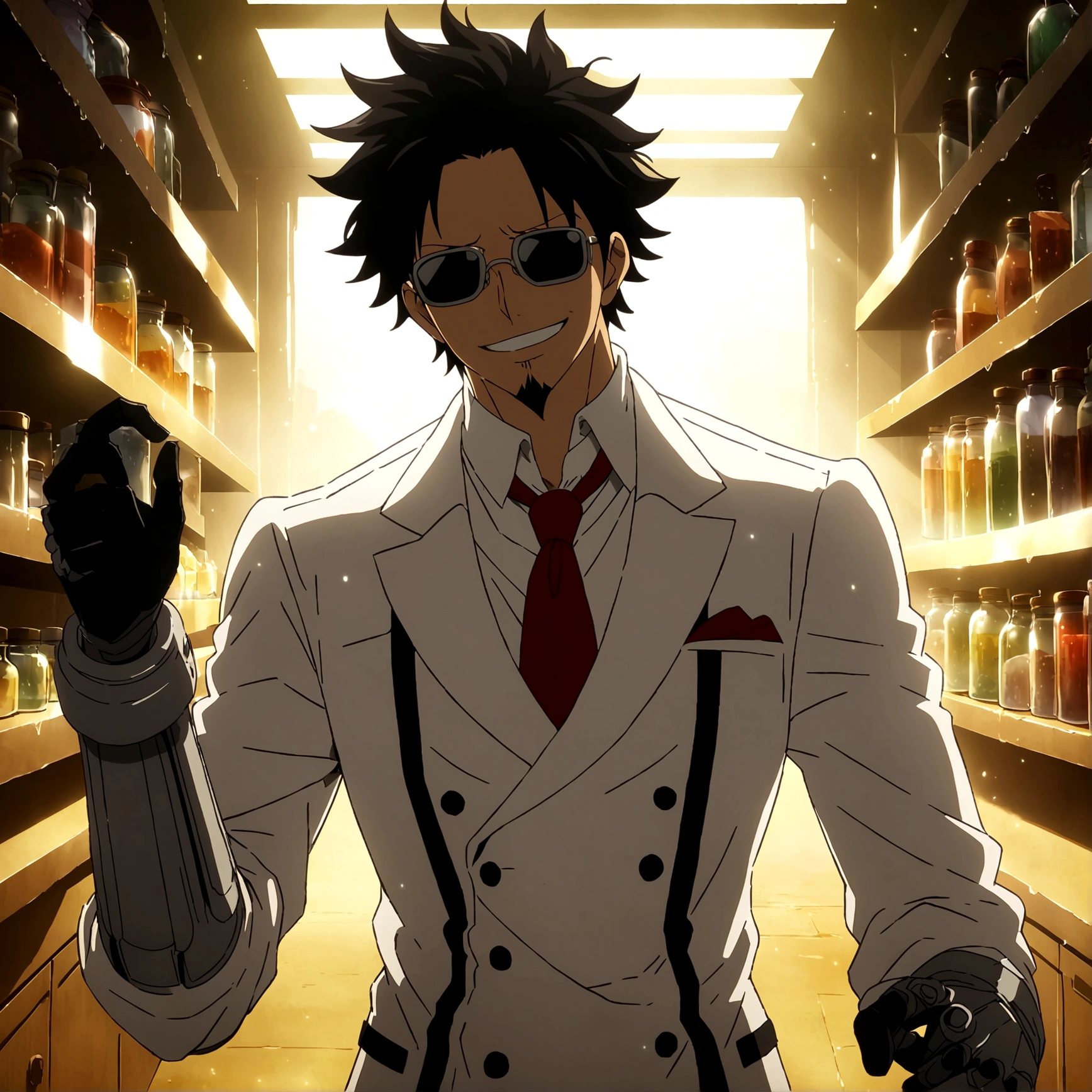 Man,Slim body,Long black hair,White suit,Red tie,Sunglasses,Goatee,Black gloves,Mad scientist smile,Mad Scientist,White mechanical arms,Laboratory setting,One Piece inspired anime lines,Drenched in dramatic,amazing lighting,dramatic lighting,infused with creative details,ultra-fine 2D design,setting bathed in creativity,bathed in creativity,boasting HD anime resolution clarity,HD anime graphics,high-octane rendering