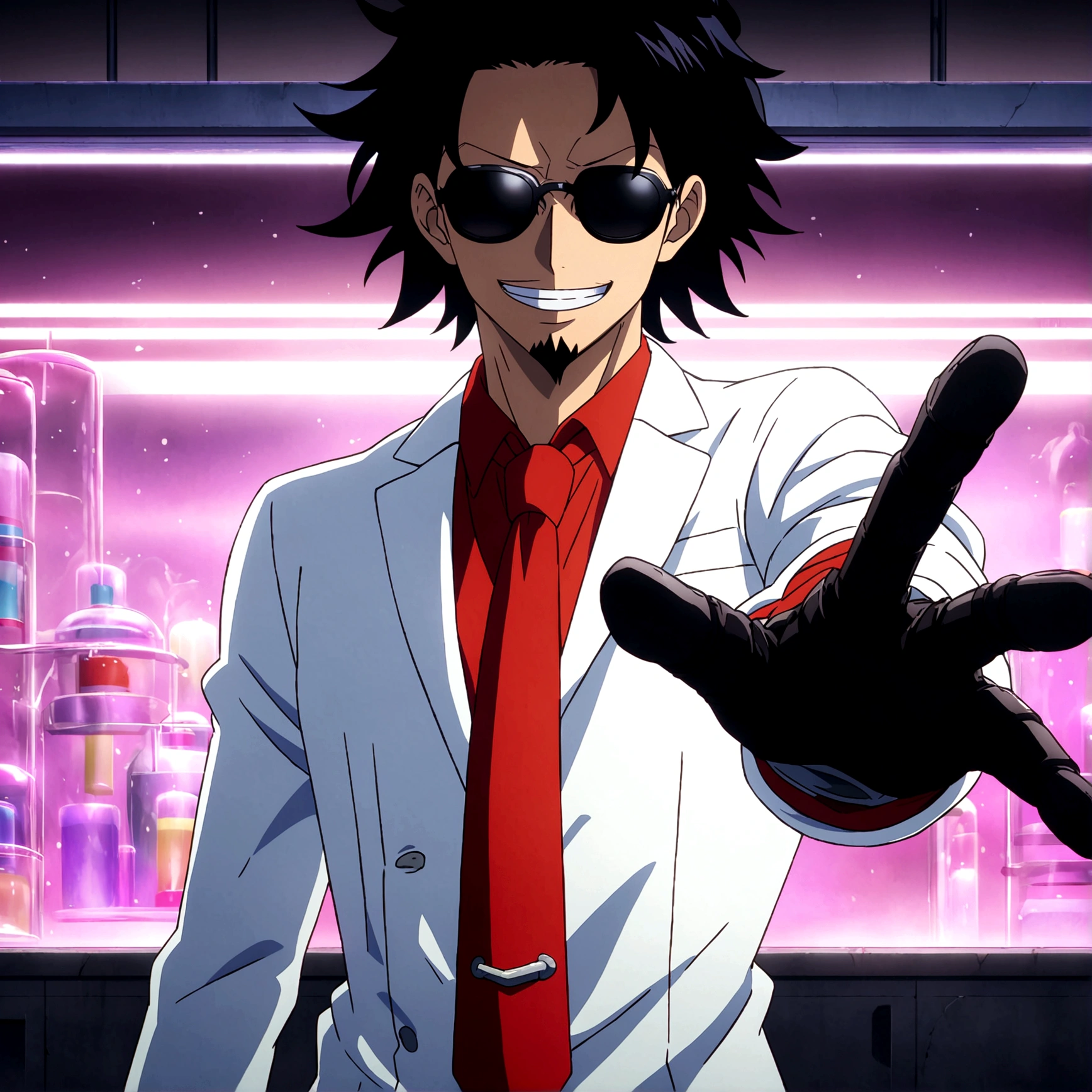 Man,Slim body,Long black hair,White suit,Red tie,Sunglasses,Goatee,Black gloves,Mad scientist smile,Mad Scientist,White mechanical arms,Laboratory setting,One Piece inspired anime lines,Drenched in dramatic,amazing lighting,dramatic lighting,infused with creative details,ultra-fine 2D design,setting bathed in creativity,bathed in creativity,boasting HD anime resolution clarity,HD anime graphics,high-octane rendering