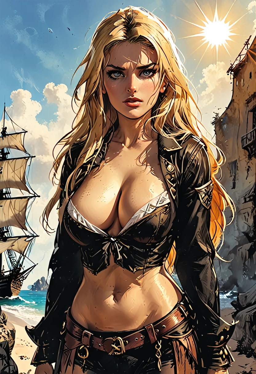 beautiful pirate, long blonde hair, sexly. big tits. she looks into the distance and protects her face from the sun with her hand. Graphic style of Roman comics, 2d, 8K, hyper realism, masterpiece, high resolution, best quality, Ultra-detail, super realistic, Hyperrealistic art, good quality, ultrahigh resolution, highest level of detail, lot of details, extremely high resolution details, incredibly lifelike, soft cinematic light, full body pose, Huge ass, white background.