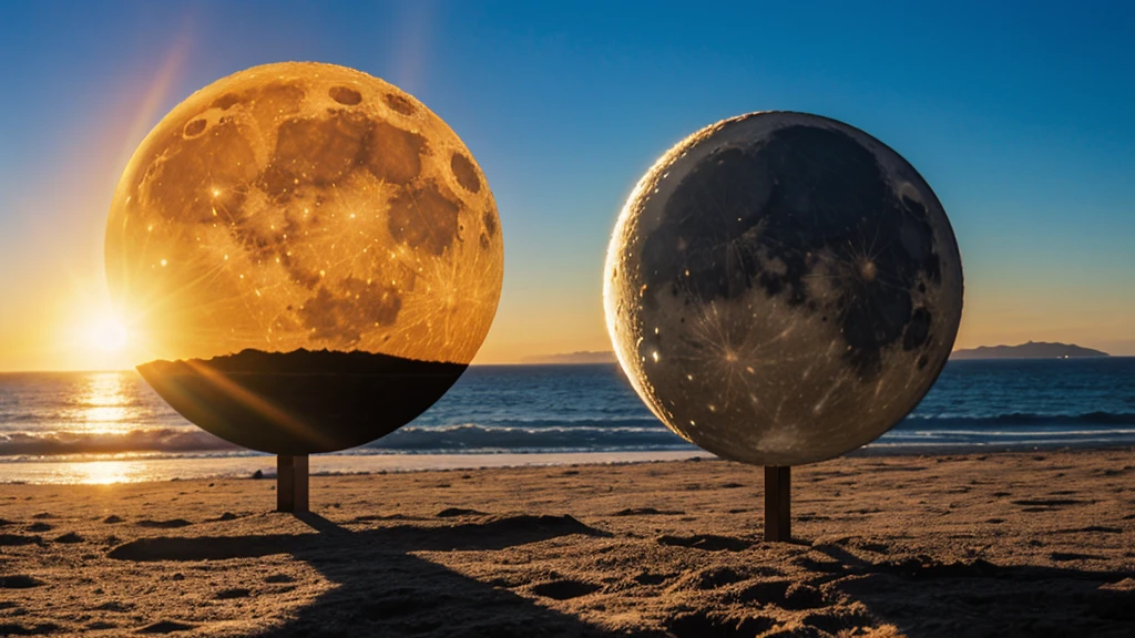 On one side the sun is shining and on the other the moon is shining