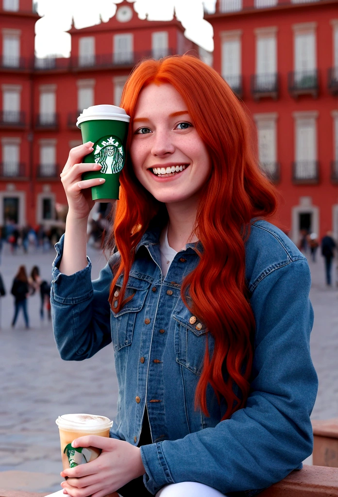 Generates a realistic photo of a red-haired girl in a jean jacket sitting in the Plaza Mayor of Madrid with a glass of Starbucks. The girl must have a friendly smile and the atmosphere of the square must be lively..