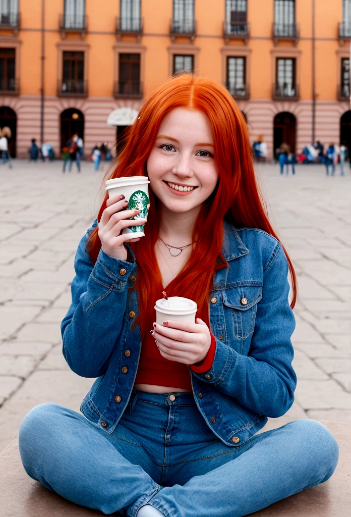 Generates a realistic photo of a red-haired girl in a jean jacket sitting in the Plaza Mayor of Madrid with a glass of Starbucks. The girl must have a friendly smile and the atmosphere of the square must be lively..