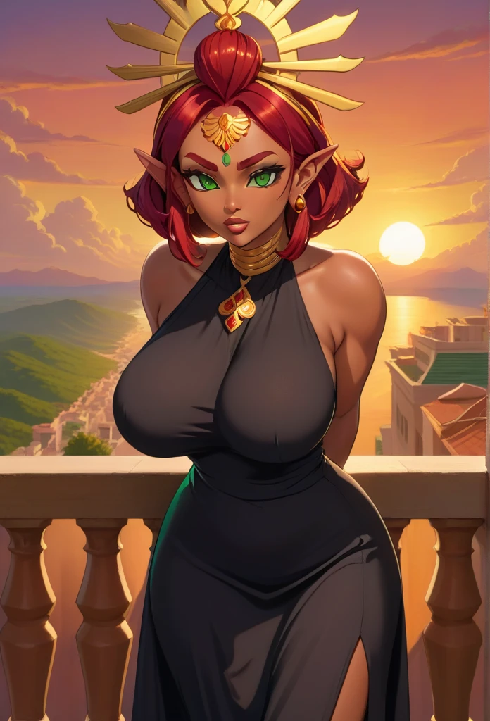score_9, score_8_up, score_7_up, shaded BREAK 1girl, solo, Riju, red hair, green eyes, tan, short hair, hair ornament, outdoors, sunset, balcony, v-shaped eyebrows, smug, looking at viewer, black sundress, futanari, penis, precum, bulge, arms behind back, leaning forward, large breasts, huge breasts, round full breasts, super thin waist, heart shaped hips,