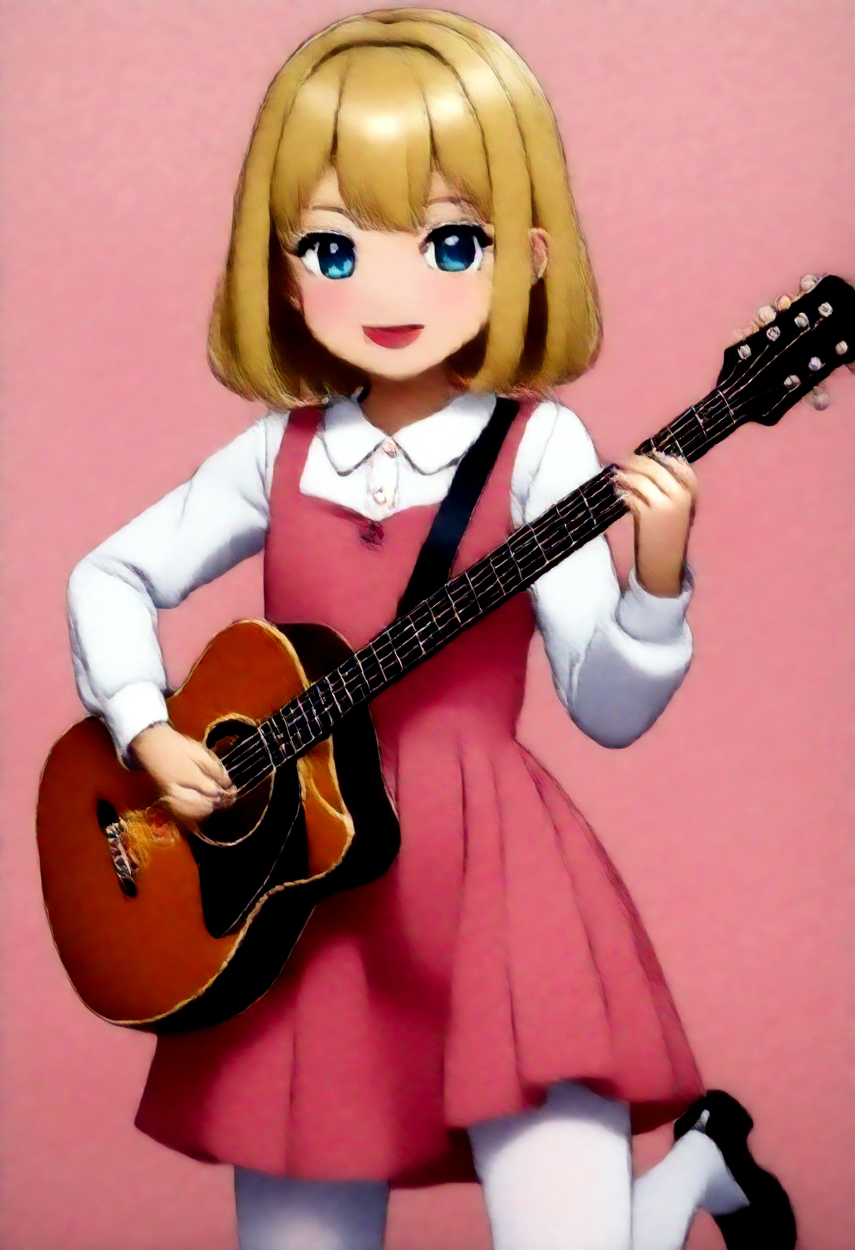 one 、2 、guitar、Pink Dress、Cute blonde、、Kids Room、toy、stuffed toy、Pink Background、educate、Anime for children、Cute 2 year olds((３Head-to-body ratio infant:1.3))