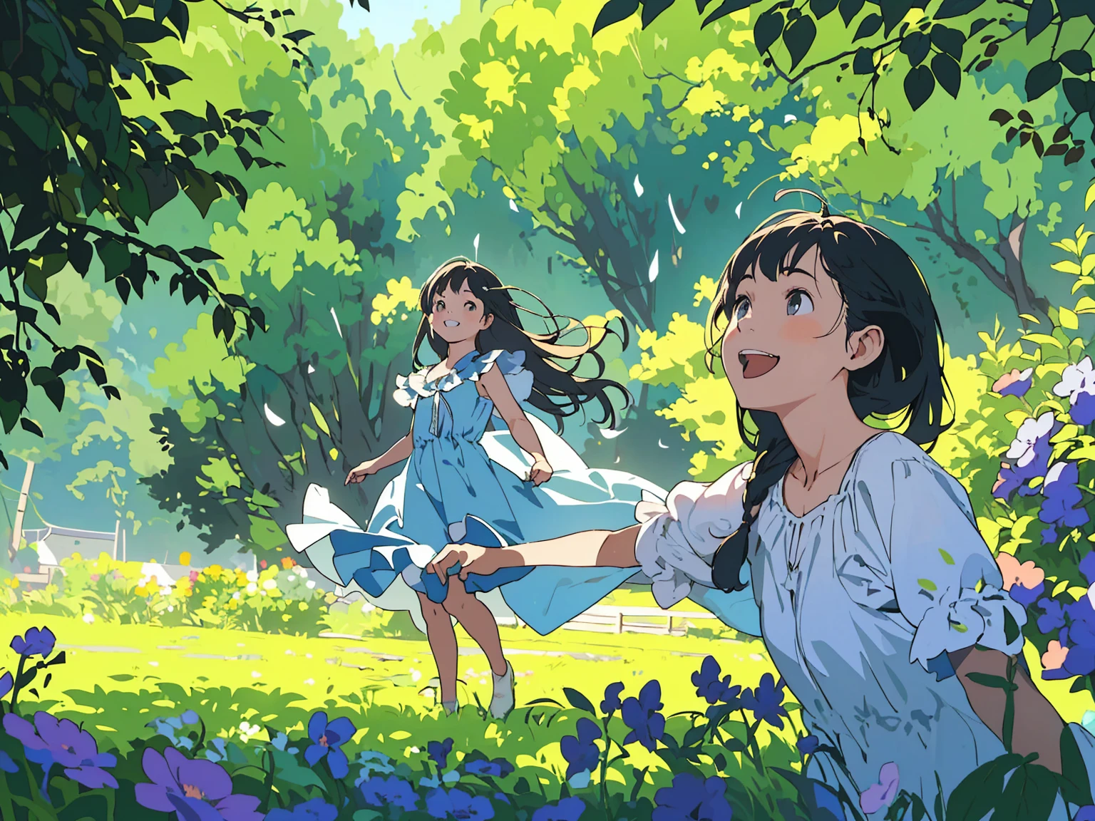 Reasonable design, Clear lines, High Sharpness, (Highest quality,8K,Perfect sharpness,Ultra fine,High resolution,masterpiece:1.2), Perfect Anatomy:1.5, Official Art, Illustrations that tell a story, (Whitish background:0. 9)、Body Positivity、多Mr.な身体表現、(Random and energetic poses)、Perfect beauty、Perfect beautiful face、Strong winds、A rich expression、Dynamic composition、smile、Golden ratio composition、colorful、((Mr.々Different angles and perspectives))、Anime Art、(Mini dress)、(Overcoming stereotypes)、 Glowing Skin、(Natural beauty)、smile、Bangs、(Soft and flowing hair)、(countryside)、(Nostalgic atmosphere)、Put up to your feet、(Playful and carefree)、(多Mr.な民族のキャラクター)、(innocent attitude)、(Sunny atmosphere)、(The skirt flutters wildly in the wind)、(Bright colors)、Beautiful Eyes、(Embarrassing)、Braided Hair、Summer Scene、Smiling among flowers、Side angle、