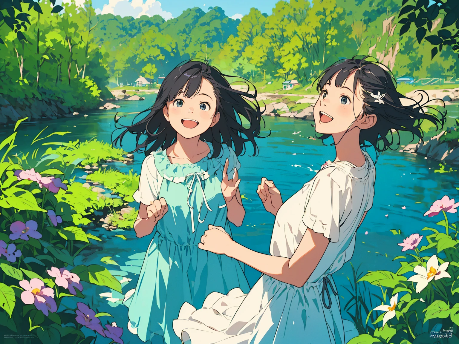 Reasonable design, Clear lines, High Sharpness, (Highest quality,8K,Perfect sharpness,Ultra fine,High resolution,masterpiece:1.2), Perfect Anatomy:1.5, Official Art, Illustrations that tell a story, (Whitish background:0. 9)、Body Positivity、多Mr.な身体表現、(Random and energetic poses)、Perfect beauty、Perfect beautiful face、Strong winds、A rich expression、Dynamic composition、smile、Golden ratio composition、colorful、((Mr.々Different angles and perspectives))、Anime Art、(Mini dress)、(Overcoming stereotypes)、 Glowing Skin、(Natural beauty)、smile、Bangs、(Soft and flowing hair)、(countryside)、(Nostalgic atmosphere)、Put up to your feet、(Playful and carefree)、(多Mr.な民族のキャラクター)、(innocent attitude)、(Sunny atmosphere)、(The skirt flutters wildly in the wind)、(Bright colors)、Beautiful Eyes、(Embarrassing)、Braided Hair、Summer Scene、Smiling among flowers、Side angle、