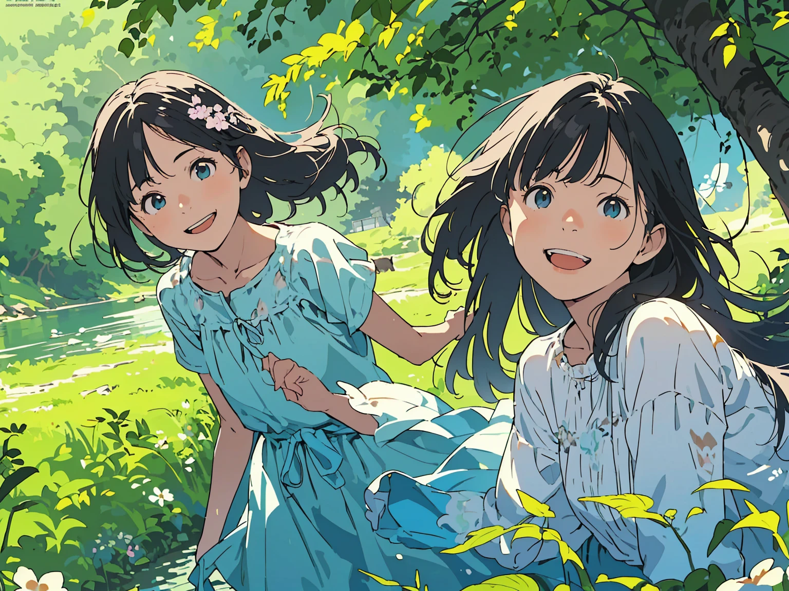 Reasonable design, Clear lines, High Sharpness, (Highest quality,8K,Perfect sharpness,Ultra fine,High resolution,masterpiece:1.2), Perfect Anatomy:1.5, Official Art, Illustrations that tell a story, (Whitish background:0. 9)、Body Positivity、多Mr.な身体表現、(Random and energetic poses)、Perfect beauty、Perfect beautiful face、Strong winds、A rich expression、Dynamic composition、smile、Golden ratio composition、colorful、((Mr.々Different angles and perspectives))、Anime Art、(Mini dress)、(Overcoming stereotypes)、 Glowing Skin、(Natural beauty)、smile、Bangs、(Soft and flowing hair)、(countryside)、(Nostalgic atmosphere)、Put up to your feet、(Playful and carefree)、(多Mr.な民族のキャラクター)、(innocent attitude)、(Sunny atmosphere)、(The skirt flutters wildly in the wind)、(Bright colors)、Beautiful Eyes、(Embarrassing)、Braided Hair、Summer Scene、Smiling among flowers、Side angle、