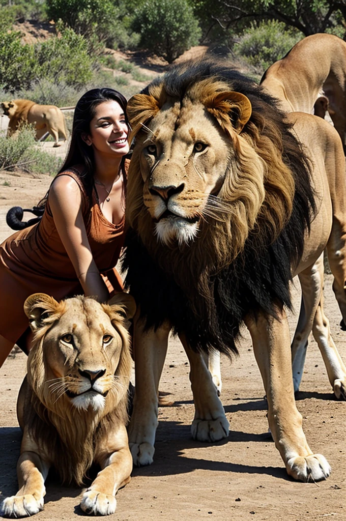 Leo zodiac goddess red lips wearing big breasts visible camouflaging naked muscles hairy pussy sitting among a herd of male lions on the grassland