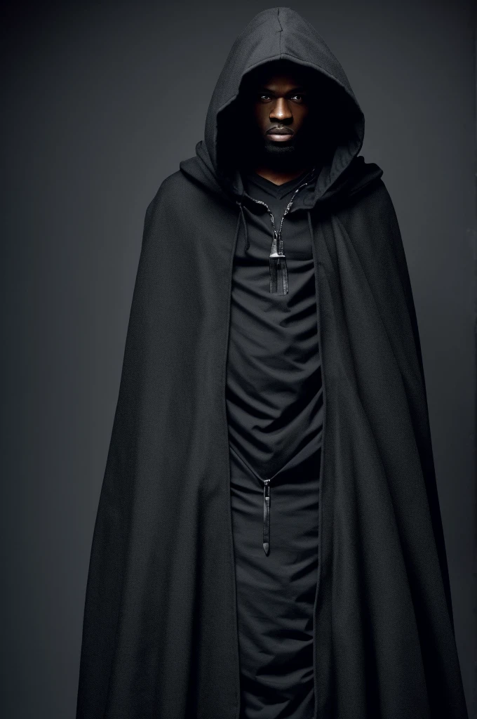 black male, with a cloak covering his entire body, and a hood, You can only see his hand which has bandages all over it like Berzerk&#39;s guts, and you can also see a little of his face, and behind his back there is a giant sword handle coming out of his cloak Medieval style and anime style berzerk