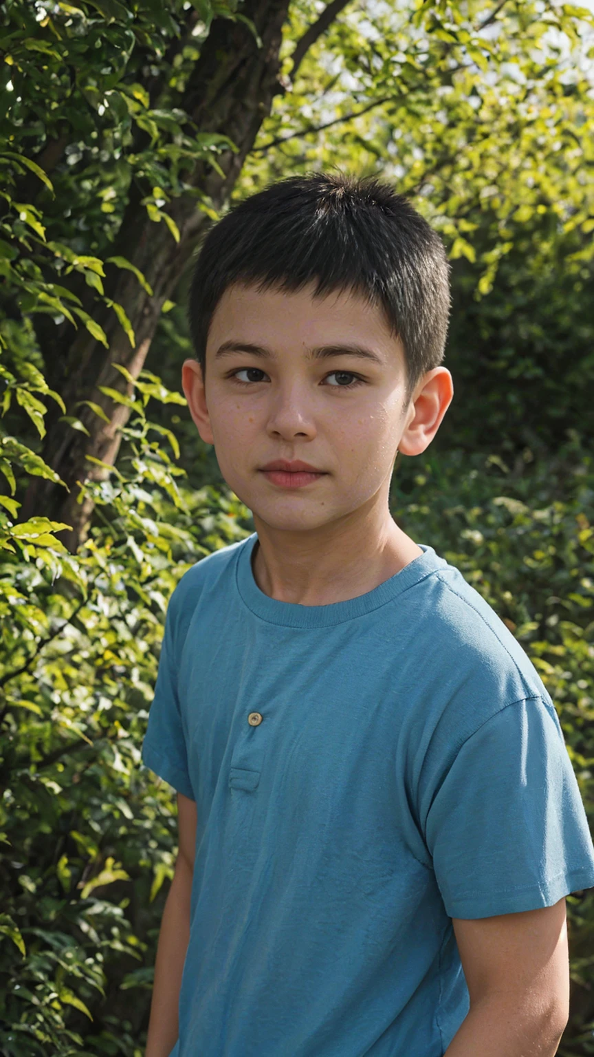 A 12-year-old Japanese boy participating in an artistic cinema-themed outdoor photo shoot. The boy stands under the bright sunlight, surrounded by green trees and a clear blue sky. His portrait should capture a focused yet innocent expression, highlighted by the natural sunlight. This setting aims to blend the art of cinema with the vividness of nature in the background