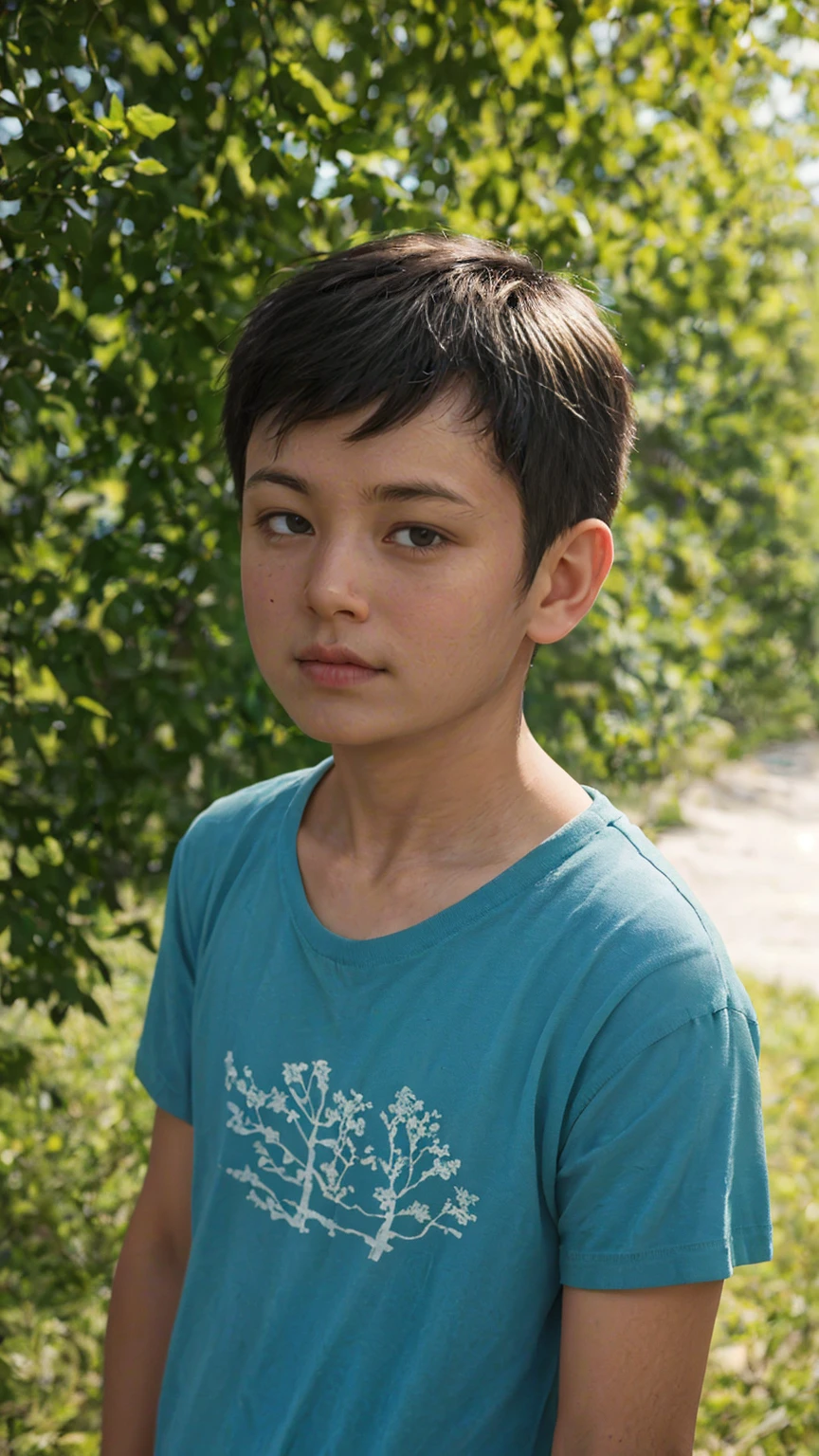 A 12-year-old Japanese boy participating in an artistic cinema-themed outdoor photo shoot. The boy stands under the bright sunlight, surrounded by green trees and a clear blue sky. His portrait should capture a focused yet innocent expression, highlighted by the natural sunlight. This setting aims to blend the art of cinema with the vividness of nature in the background