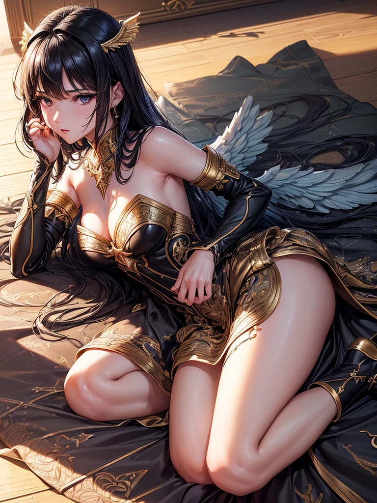 ((best quality)),(Ultra-high resolution),(Super detailed),(Detailed description),((Best CG))(Fantasy art with precise details:1.5), Black Hair,European classical long dress,Hart neckline,(1 Female Angel:1.4),Angel Wings,side,Injuried,Blood,Half kneeling,Serious expression,get shot,Being chopped