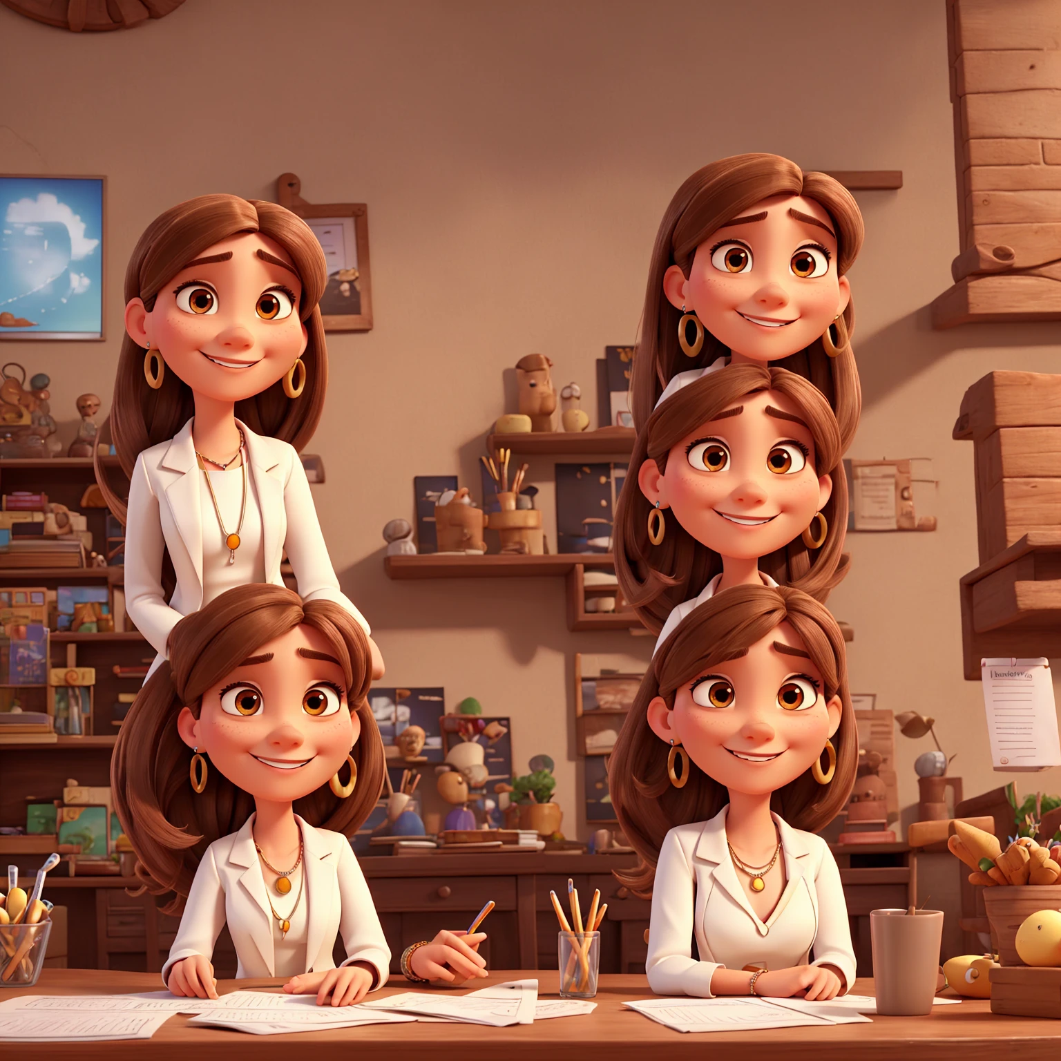 3D PIXAR STYLE POSTER, Woman, eyes browns, nose turned up at the tip, square shaped face with cleft chin, smiling, long straight hair with highlights, White blazer, white blouse, red pants, long earrings, holding leaflets, in the setting a table full of earrings, necklaces and bracelets,