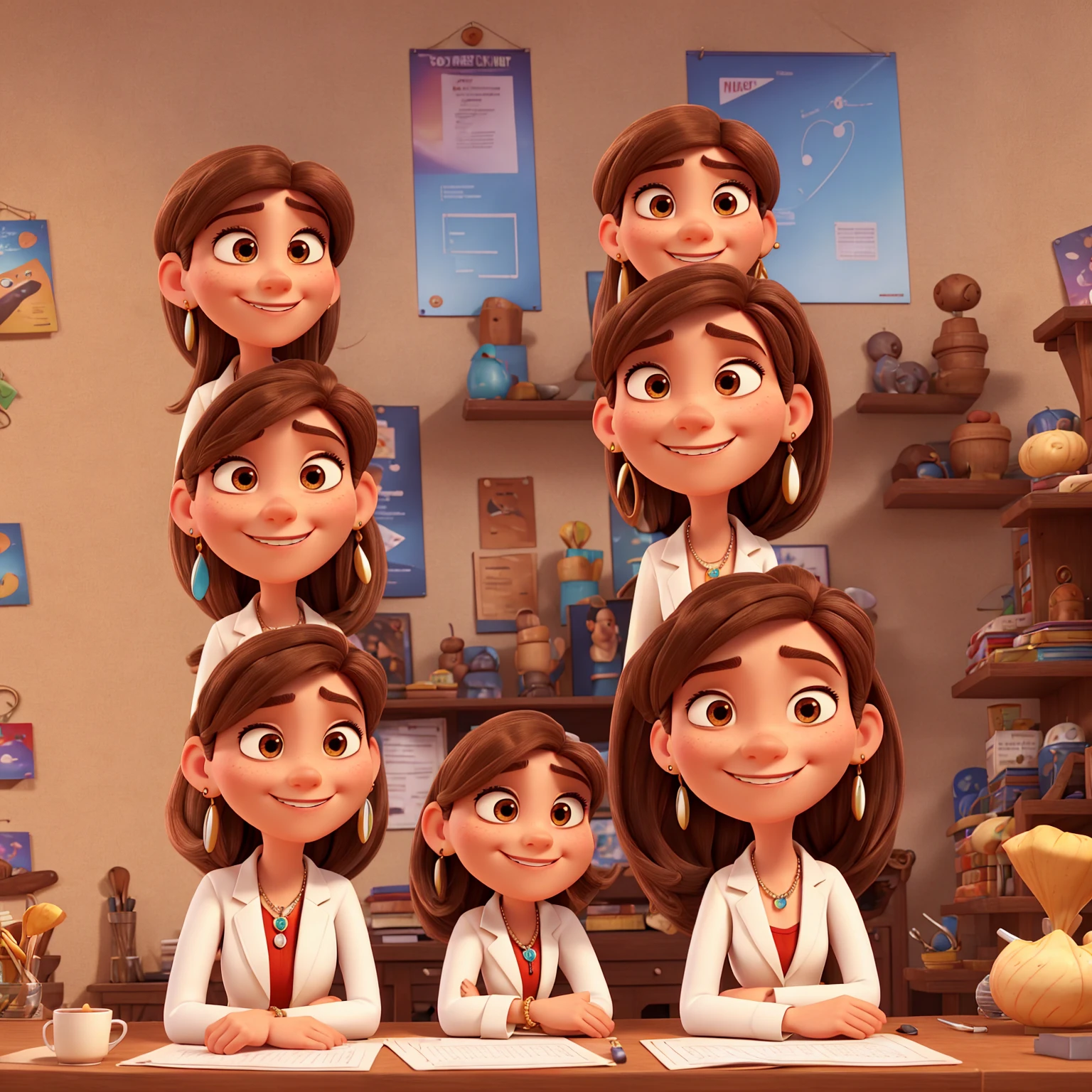 3D PIXAR STYLE POSTER, Woman, eyes browns, nose turned up at the tip, square shaped face with cleft chin, smiling, long straight hair with highlights, White blazer, white blouse, red pants, long earrings, holding leaflets, in the setting a table full of earrings, necklaces and bracelets,