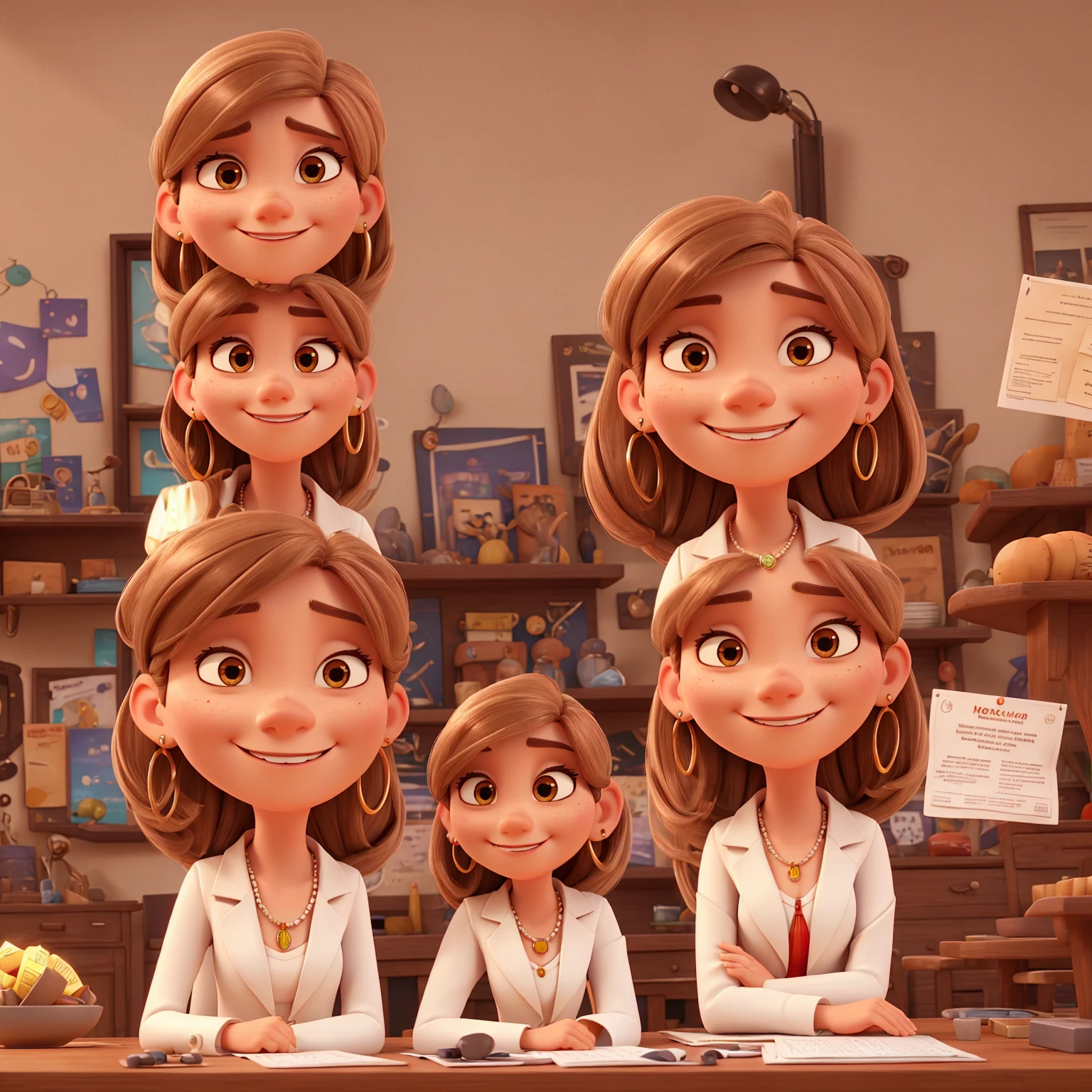 3D PIXAR STYLE POSTER, Woman, eyes browns, nose turned up at the tip, square shaped face with cleft chin, smiling, long straight hair with highlights, White blazer, white blouse, red pants, long earrings, holding leaflets, in the setting a table full of earrings, necklaces and bracelets,