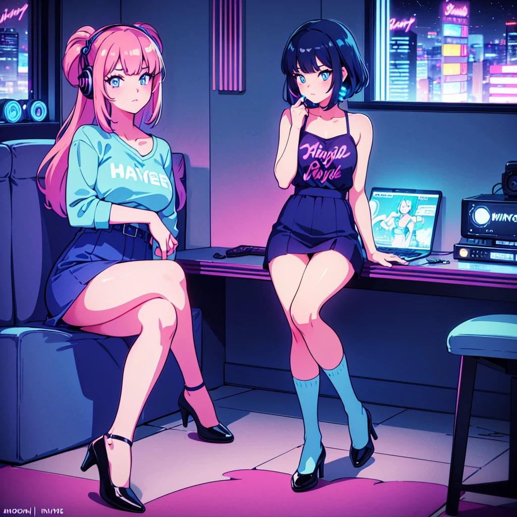 (masterpiece), Highest quality, Expressive eyes, Neon pastel aesthetics, Retro 90s, Neon color,((Girl sitting on sofa,In a cozy room,Records hanging on her wall, Comic books on the floor, Looking out the window behind her at the night city, Upholstered room, Anime figures lined up on a shelf)), Wearing headphones, (All around her it sparkles), (Wearing high socks and heels), (blue eyes), (Soft look), (Synthwave Art Style), Colorful Hair, Desk with PC set up