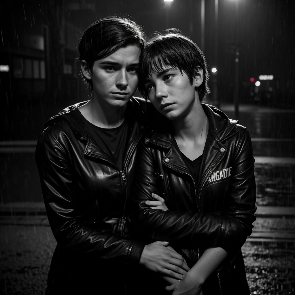 rich 30 year old woman comforting a sad 10 year old boy, amidst a cityscape, heavy rain, high contrast, sadness, resilience illuminated by flickering street lights, ultra realistic and dramatic lighting