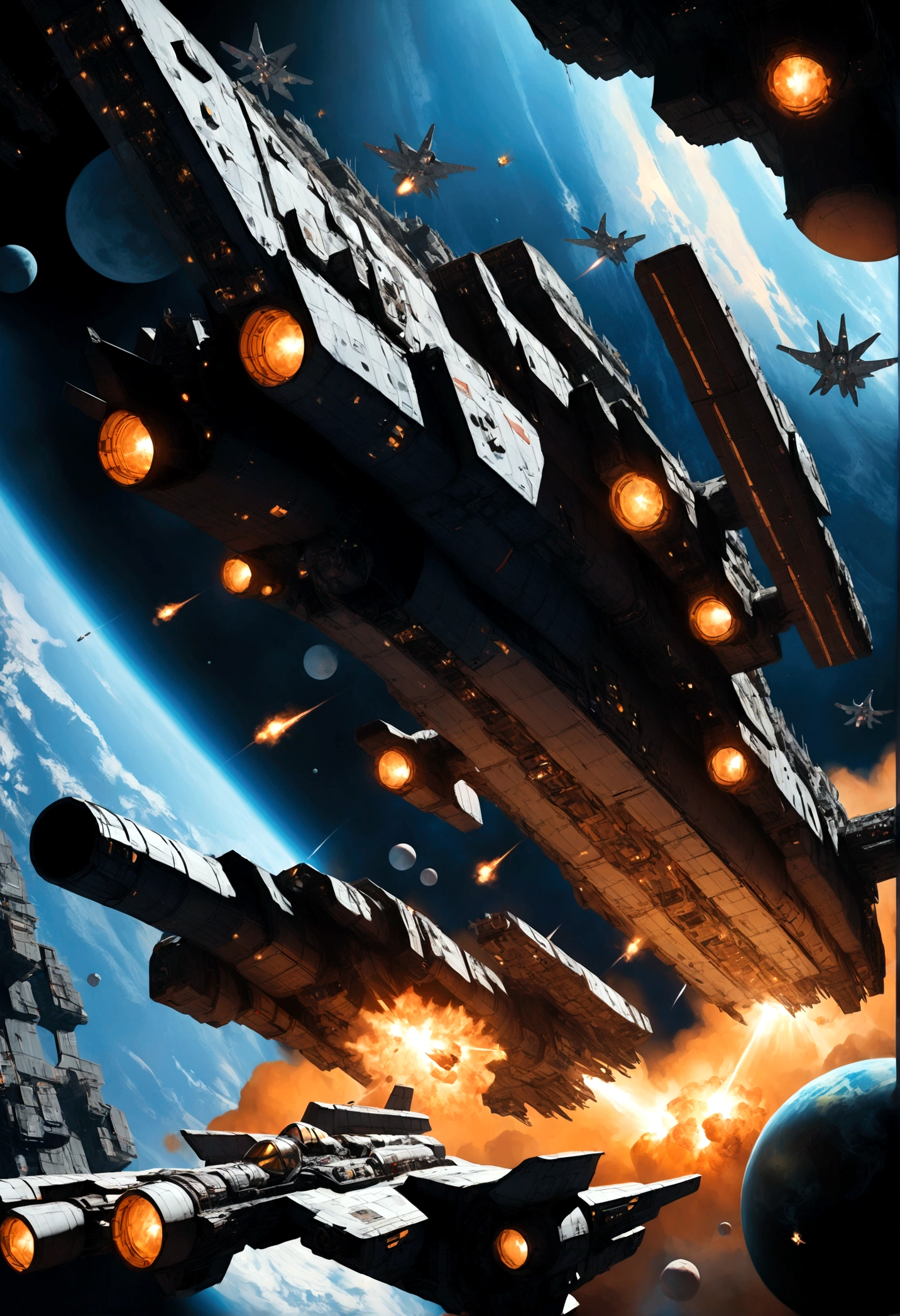 Space War, high quality, space pirates fleet attacking a giant imperial space station :: futuristic space combat, space combat, spaceships, space station, a supernova in the background, explosions, lasers, dogfight, space armada, space battle, outer space, sci-fi, by Ivan Laliashvili, concept art, environment concept art, best of artstation, cgsociety, rule of thirds, asymmetrical composition, cinematic lighting, cinematic shot, oil on canvas, clean strokes, 8k resolution, highly detailed, masterpiece, best quality, very aesthetic, absurdres