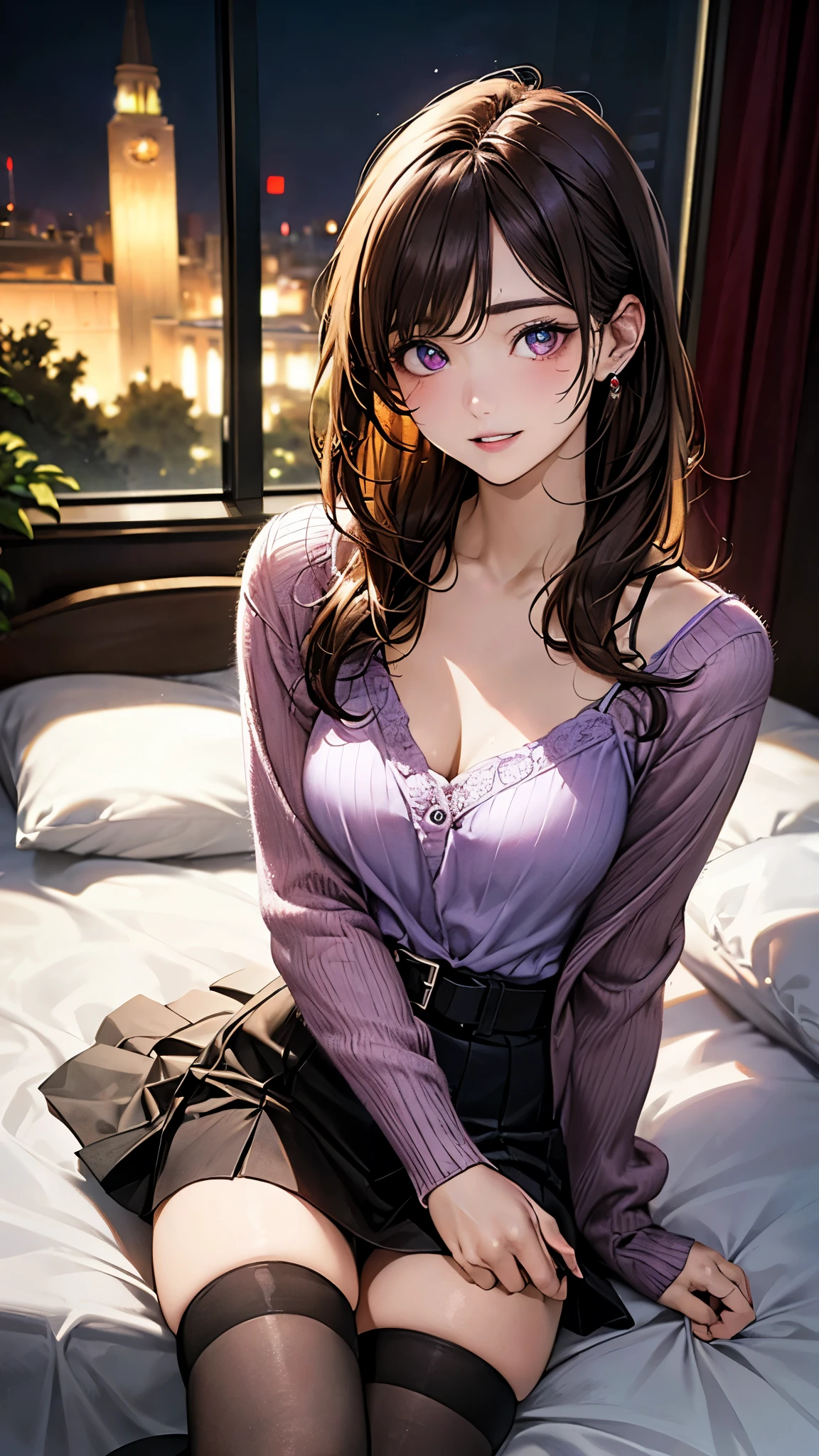 (masterpiece:1.2, top-quality), (realistic, photorealistic:1.4), beautiful illustration, (natural side lighting, movie lighting), nsfw,
looking at viewer, 1 girl, university student, perfect face, cute and symmetrical face, shiny skin,
(long hair:1.2, half updo:1.5, sideburns:1.8, burnt umber hair), asymmetrical bangs, purple eyes, drooping eyes, big eyes, long eye lasher, (medium breasts, thin thighs), slender,
beautiful detailed hair, beautiful detailed face, beautiful detailed eyes, beautiful clavicle, beautiful body, beautiful chest, beautiful thigh, beautiful legs, beautiful fingers,
(purple open front cardigan, white knit camisole, dark brown skater skirt, belt), black thigh-highs, skin dendation,
(beautiful scenery), night, (hotel bedroom), sitting, (lovely smile, upper eyes, parted lips),