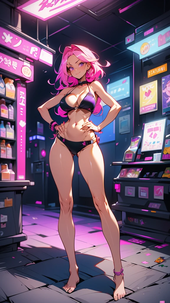 Masterpiece, best quality, Masterpiece, best quality, 1 woman , pink hair , purple eyes , sly face , black bikini , big breasts , abdomen , Long legs , Put your hands on your hips.... , Barefoot , full body , convenience store ,