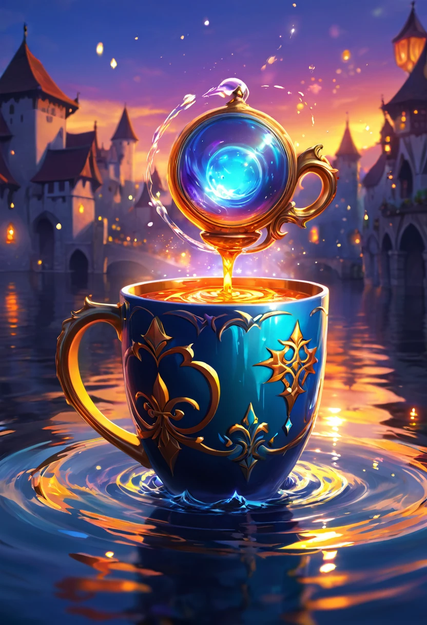 digital painting, mmorpg, Warm colors, cute style, medieval game, glowing effects in the background, glow effects, colorful, No characters, no characters, cute style, anime style, holiday, cup, cup за чемпионство, Award, stands on the water, circle effects, Magic