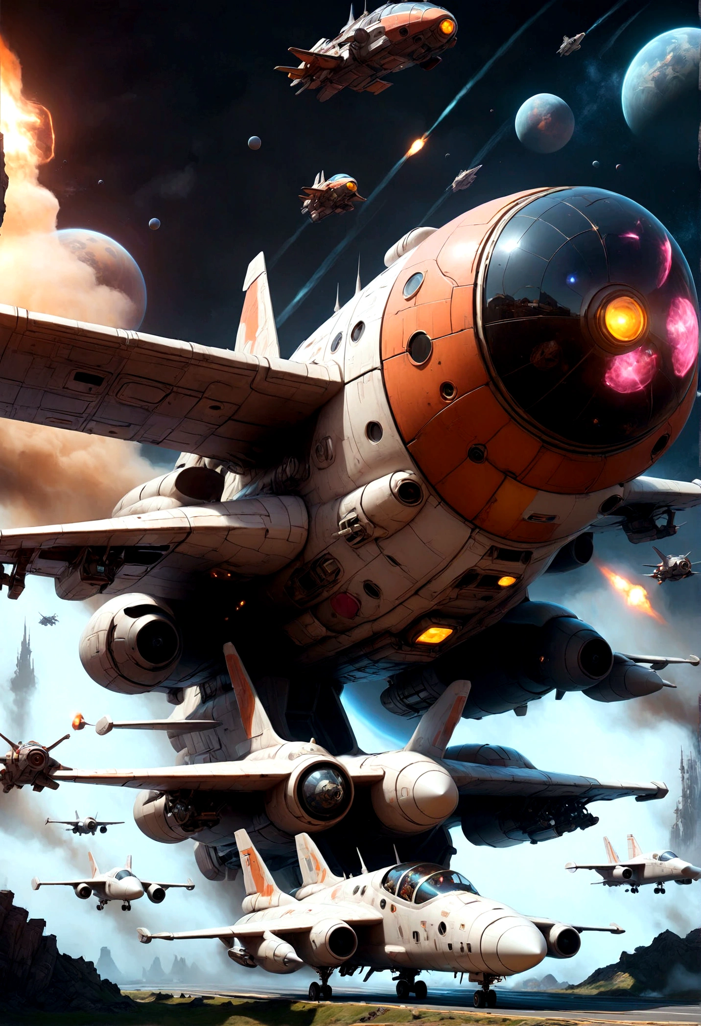 Space War, high quality, space pirates fleet attacking a giant imperial space station :: futuristic space combat, space combat, spaceships, space station, a supernova in the background, explosions, lasers, dogfight, space armada, space battle, outer space, sci-fi, by Ivan Laliashvili, concept art, environment concept art, best of artstation, cgsociety, rule of thirds, asymmetrical composition, cinematic lighting, cinematic shot, oil on canvas, clean strokes, 8k resolution, highly detailed, masterpiece, best quality, very aesthetic, absurdres