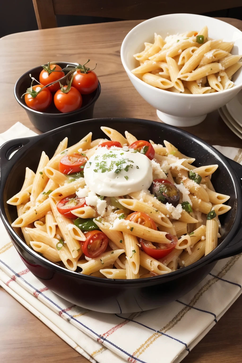 ((best qualityer)), ((work of art)), (detailded), 1 girl, ombro to ombro sweater, image of penne pasta dish with tomatoes, olives , onion and white sauce